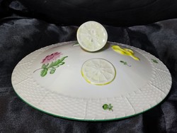 Herendi leveses tál fedő. Nagy méretű. 28 cm.Citrom fogóval, zöld szegéllyel.