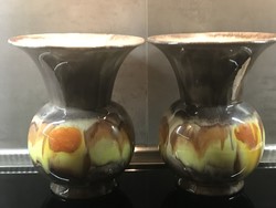 Vintage folyatott mázas kerámia vázák párban, jelzettek, 22 cm magasak