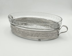 Ezüstözött, szecessziós sítusú asztalközép, kínáló eredeti metszett üvegbetéttel