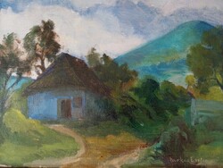 Nagybányai házikó  a Keresztheggyel - Farkas Eszter (1900-1983) jelzéssel