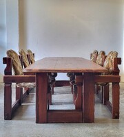 Mid  century modern vintage brutalista tömörfa étkezőasztal székekkel, polccal, tálalóval