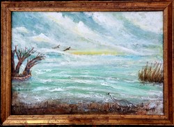 Balatoni szél. 45x60cm zománcozott kép keretben, Prima díjas művész alkotása. Károlyfi Zsófia/1952