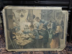 Bádogos szakmát bemutató iskolai szemléltető tabló, 1900-as évek eleje Eschner féle falikép, gyűjtői