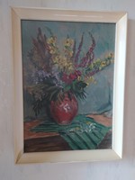 Asztali csendélet virággal hibátlan képcsarnoki festmény eredeti keretében, szignózott 76 x 56 cm