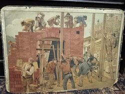 Kőműves munkát bemutató iskolai szemléltető tabló, 1900-as évek eleje Eschner féle falikép, gyűjtői