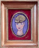 Aranycicás lány. 12x10 cm külső és 8x6 cm-es belső méretű zománc. Prima díjas művésztől KZs/1952