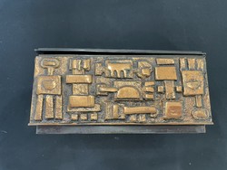 Antik bronz doboz Szilágyi Ildikó terve képcsarnokos retro mid century absztrakt motívumokkal