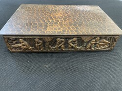 Antik bronz doboz iparművészeti képcsarnokos retro mid century bányász motívumokkal