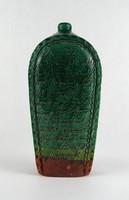 1T857 Ferenc Mónus Hódmezővásárhely inscribed green ceramic bottle labeled HMV 25 cm