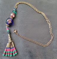 Vintage Tibeti, boho stílusú nyaklánc nyakék üveg, kristály berakással
