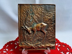 Súlyos (520 gr) rézzel bevont falikép erdei őzes jelenettel 18 x 14 cm