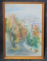 Kilátás a Gellért-hegyről (pasztell) Szent Gellért szobor - budai látkép, háttérben a Várral