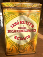 Régi fém pléh Doboz Reiter Izsó Édesnemes Csemege Paprika Különlegesség Szeged antik