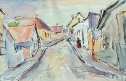 Gallé Tibor: Színes utcarészlet - Harta, 1933 (akvarell keretben) 1930-as évek