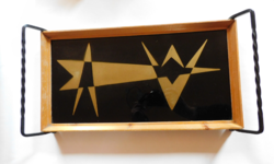 Art deco üvegtálca fa keretben, kovácsoltvas fülekkel