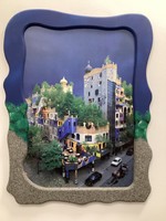 Hundertwasser ház bécsi kép, kézzel festett keretben