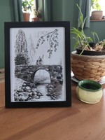 Fekete horgászos tus festmény keretezve 20x26 cm