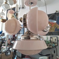 Art deco - Streamline 3 karos, 4 égős nikkelezett csillár felújítva - rózsaszín búra és ernyők