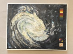 JELZETT, KOZMOSZ MODERN OLAJ VÁSZON FESTMÉNY EREDETI FA KERETBEN 67 X 53 CM