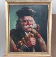Szignózott pipázó öreg portré festmény 46x56 cm kerettel