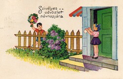 Képeslap: Gyerekek, virágok.