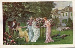 Képeslap: Nő, nők. virágok.