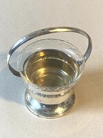 KEREK, FÜLES FÉM ASZTALI CUKORTARTÓ, FÉM ÉKSZERTARTÓ TÁL ÜVEG BETÉTTEL