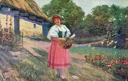 Képeslap: Nő, nők. virágok.