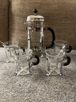 Bodum, dán teaprés 4 csészével, lábas, fém tartókban, nagyon szép állapotban!