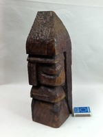 Régi, kézzel faragott fa szobor, ember fej ábtázolással 30,5 cm. magas