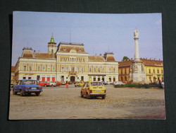 Képeslap,Baja,Béke tér,Városháza,parkoló,autó,Polski Fiat,Lada autó látkép,részlet, 1985-