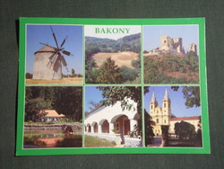 Képeslap,Bakony,mozaik,Tés szélmalom,Csesznek vár,Zirc apátság,Bakonybél, látkép,részlet, 1998-