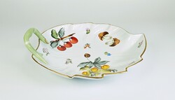 HERENDI, FRUITS NECKER GOMBA ÉS GYÜMÖLCS MINTÁS LEVÉL ALAKÚ TÁLCA, KÉZZEL FESTETT PORCELÁN (H128)