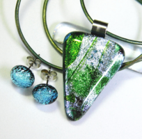 Dichroic csillogás ezüst-zöld üvegékszer szett nyaklánc fülbevaló
