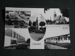 Képeslap,Csenger,mozaik,templom,Petőfi szobor,iskola,óvoda,falu látkép,részlet,1982-