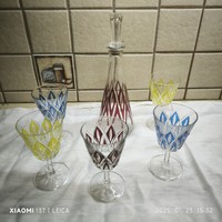 Színes régi francia vintage Reims boros, likőrös kristály üveg pohár kehely készlet 5+palack  eladó