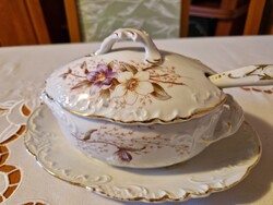 Gyönyörű antik, szószos porcelán tál fedővel, kanállal