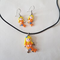 ÚJ, narancssárga színű, sellő díszes ékszerszett: nyaklánc + fülbevaló