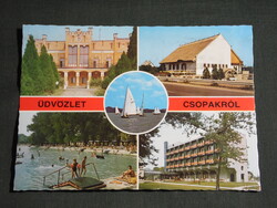 Képeslap,Csopak,mozaik,üdülő,Balaton vitorlás,strand,Molnár csárda,Ranolder-kastély, 1982-