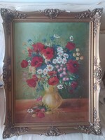CSENDÉLET NYÁRI CSOKORRAL NAGY MÉRETŰ OLAJ, VÁSZON FESTMÉNY SZIGNÓZOTT, SZÉP KERETBEN, 60 x 80 CM