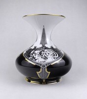 1U447 Hollóházi Jurcsák László fekete-fehér, aranyozott porcelán váza 23 cm