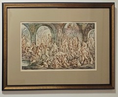 Női fürdő 1962- Szabó Vladimir színezett rézkarc keretben