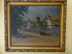 Hangulatos falusi utca - jelzett olajfestmény, 60 x 50 cm
