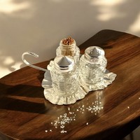 Régi só szóró bors szóró fogpiszkáló tartó készlet fém borostyán levélen, készlet 70-es évekből