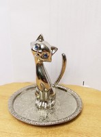 Ezüstözött Art Deco kék kristály szemű cica. Bonbonier fedél