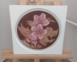 Virágok szép szignózott, sorszámozott linómetszet (?) 34x34 cm kerettel
