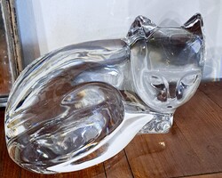 Val St Lambert crystal Macska figura papÍrnehezék De Sousa szignóval