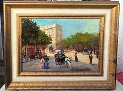 G. Scognamiglio (1901-1985): Párizsi utca konflissal (olajfestmény keretben) nagyvárosi életkép
