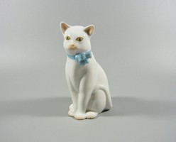 HERENDI FEHÉR MACSKA KÉK CSOKORNYAKKENDŐVEL PORCELÁN FIGURA 12 CM., HIBÁTLAN ! (I132)