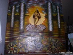 : Kagylóból kilépő Tahiti Vénusz - Lehoczky  József 1990 Olaj,vászon, 130 x 140 cm